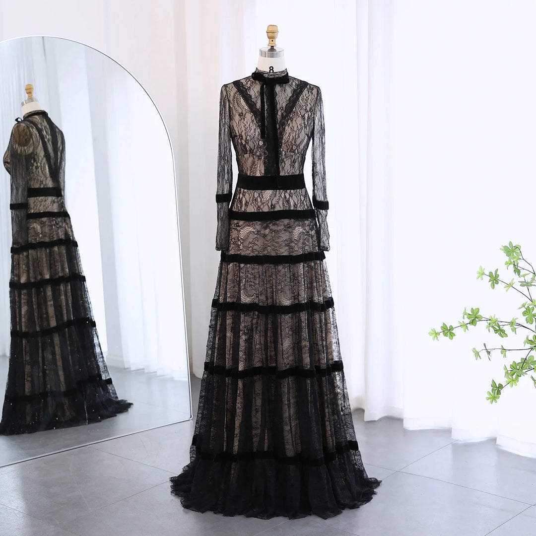 Dreamy Vow Elegant Black Lace A-line Evening Dress 2024 Dubai Luxury Tiered Long Sleeves Muslim Women Formal Party Gowns SF023-DreamyVow