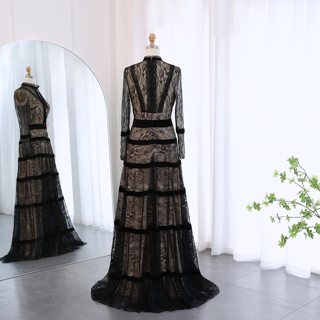 Dreamy Vow Elegant Black Lace A-line Evening Dress 2024 Dubai Luxury Tiered Long Sleeves Muslim Women Formal Party Gowns SF023-DreamyVow