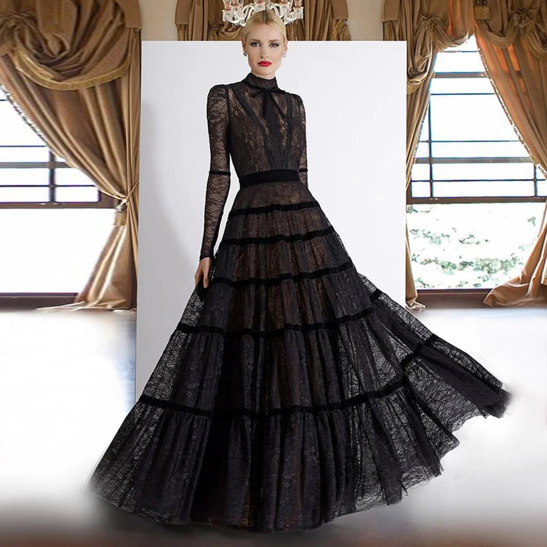 Elegant Black Lace A line Evening Dress Dubai SF023