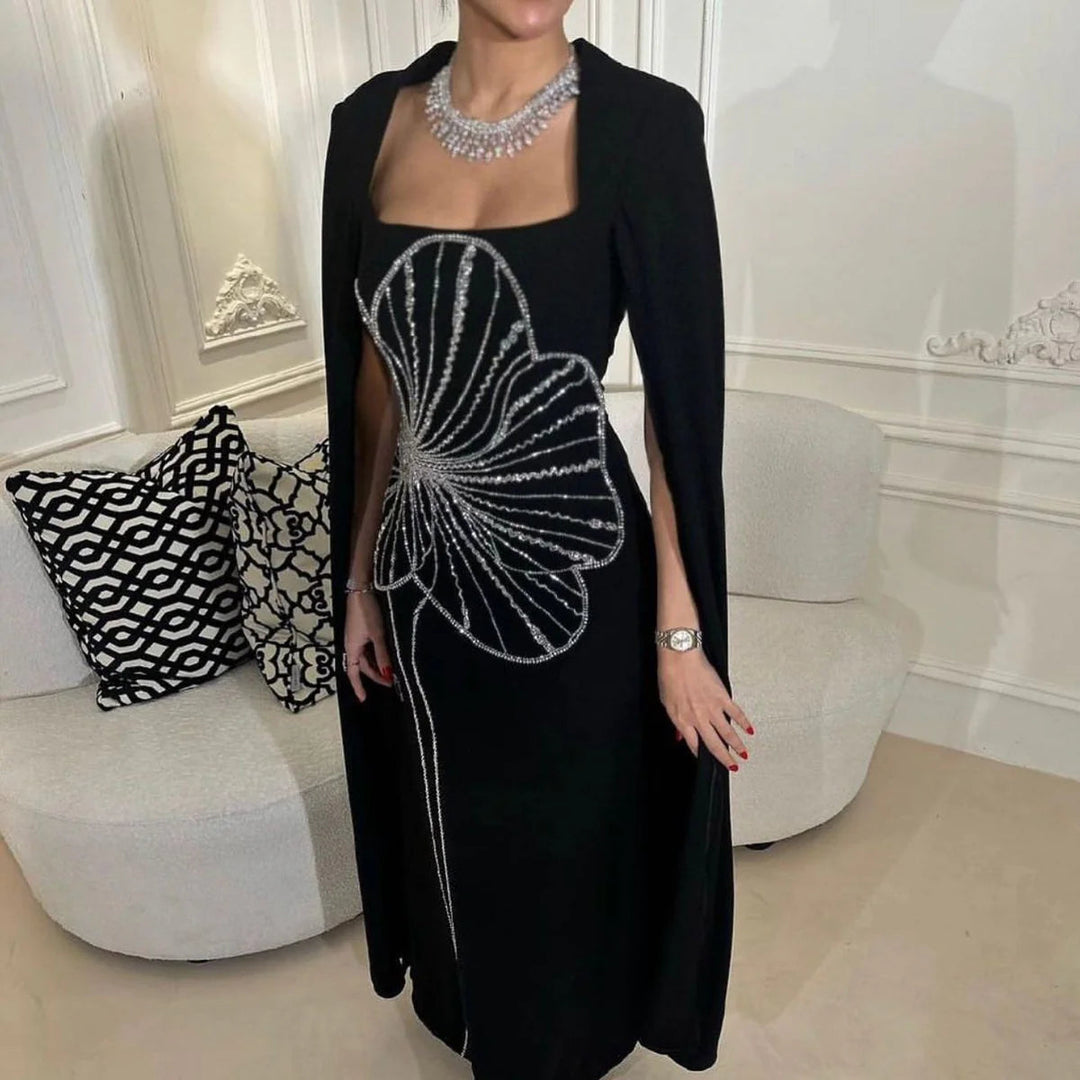 Dreamy Vow Elegant Black Luxury Beaded Arabic Evening Dress with Cape Sleeves Long Dubai Women Wedding Party Gowns SS275-DreamyVow