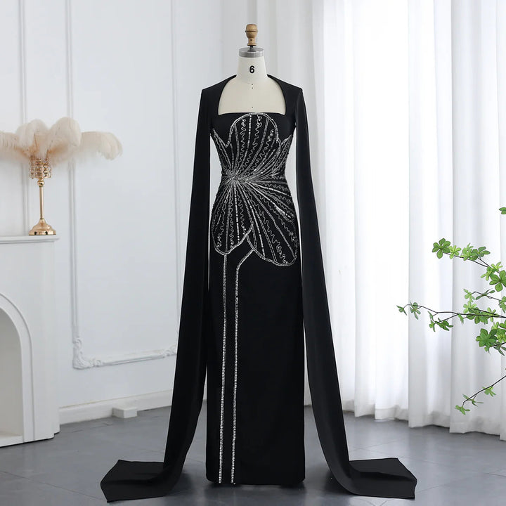 Dreamy Vow Elegant Black Luxury Beaded Arabic Evening Dress with Cape Sleeves Long Dubai Women Wedding Party Gowns SS275-DreamyVow