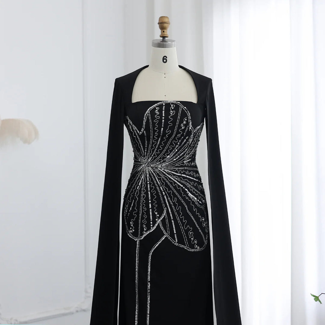 Dreamy Vow Elegant Black Luxury Beaded Arabic Evening Dress with Cape Sleeves Long Dubai Women Wedding Party Gowns SS275-DreamyVow