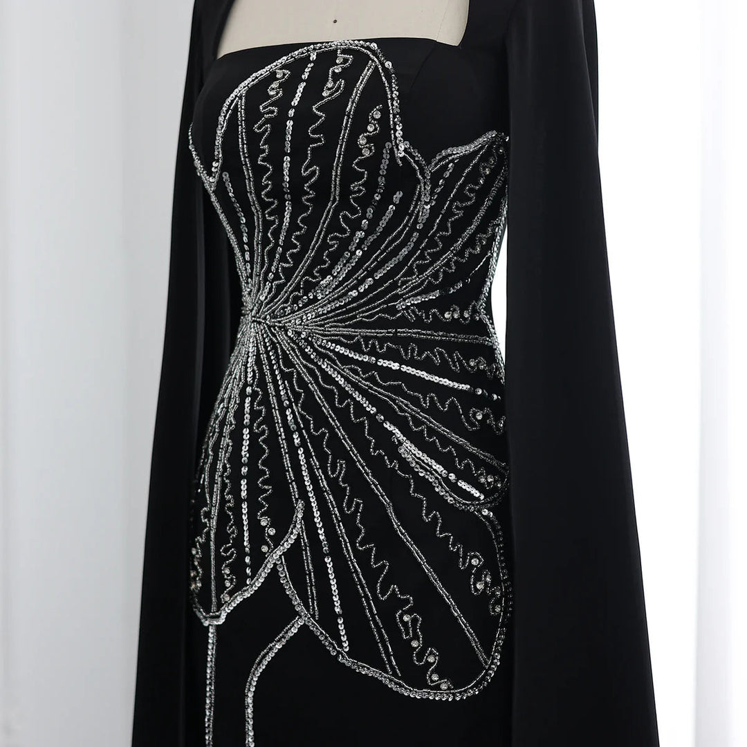 Dreamy Vow Elegant Black Luxury Beaded Arabic Evening Dress with Cape Sleeves Long Dubai Women Wedding Party Gowns SS275-DreamyVow