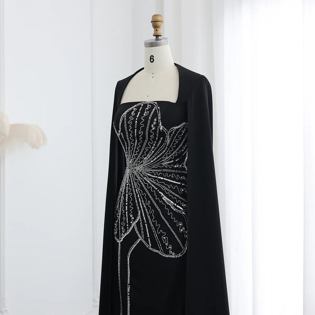 Dreamy Vow Elegant Black Luxury Beaded Arabic Evening Dress with Cape Sleeves Long Dubai Women Wedding Party Gowns SS275-DreamyVow