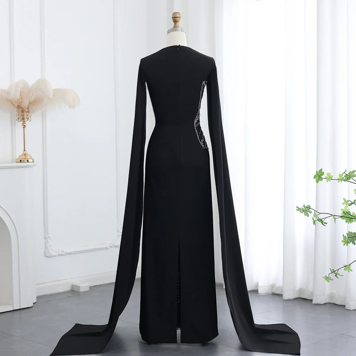 Dreamy Vow Elegant Black Luxury Beaded Arabic Evening Dress with Cape Sleeves Long Dubai Women Wedding Party Gowns SS275-DreamyVow