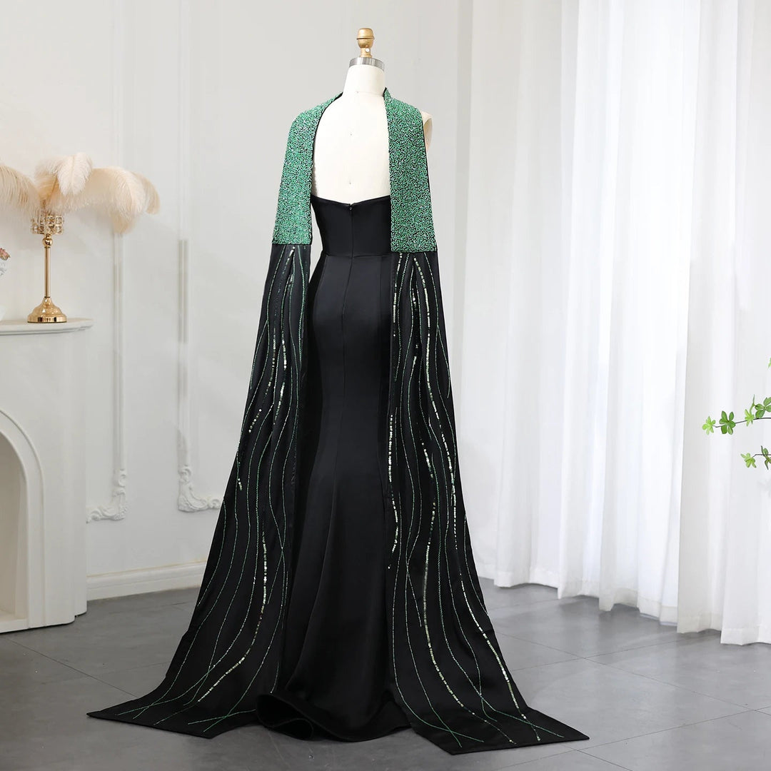 Dreamy Vow Elegant Black Mermaid Arabic Evening Dresses with Scarf Luxury Beaded Dubai Women Wedding Formal Party Gowns SS421-DreamyVow