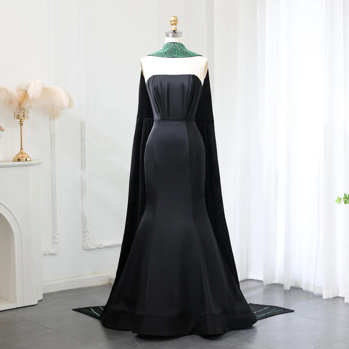 Dreamy Vow Elegant Black Mermaid Arabic Evening Dresses with Scarf Luxury Beaded Dubai Women Wedding Formal Party Gowns SS421-DreamyVow