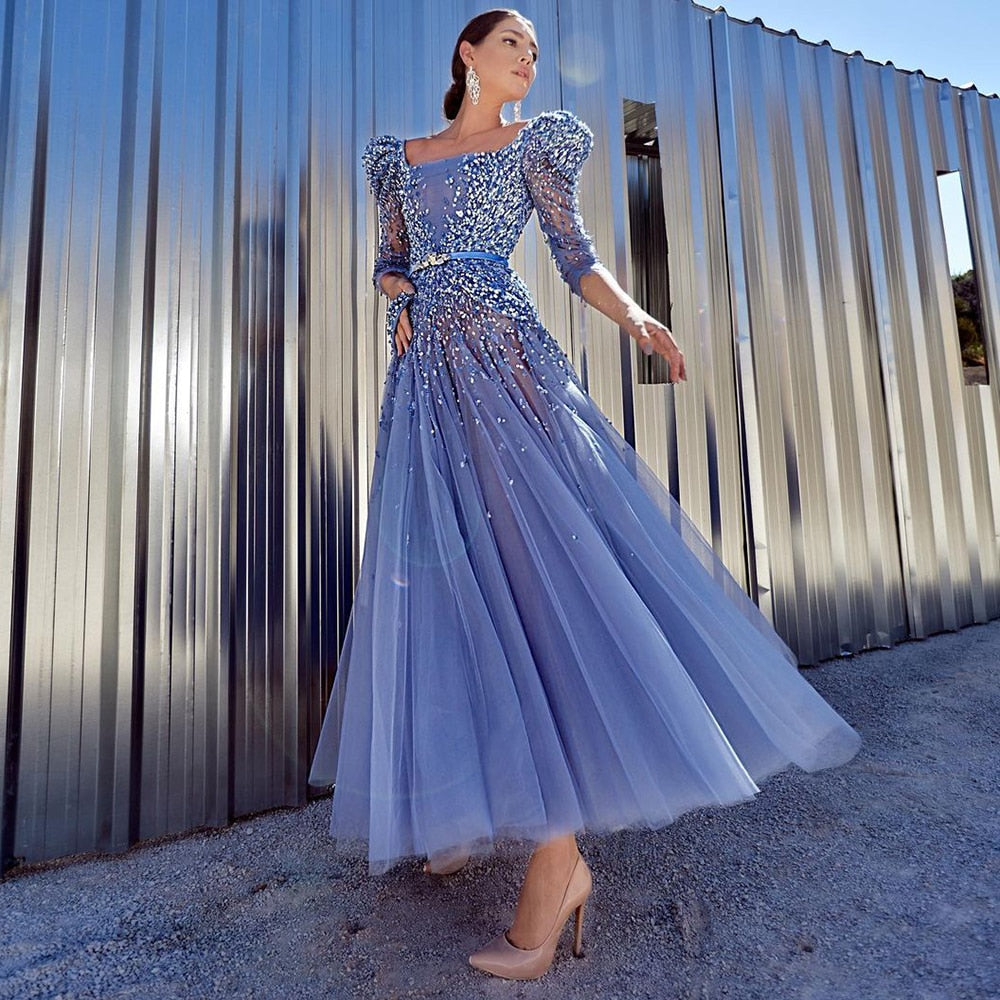 Dreamy Vow Elegant Blue Midi Evening Dress 2023 Luxury Dubai Muslim Ankle Length Arabic Short Wedding Formal Party Gowns SS240-DreamyVow