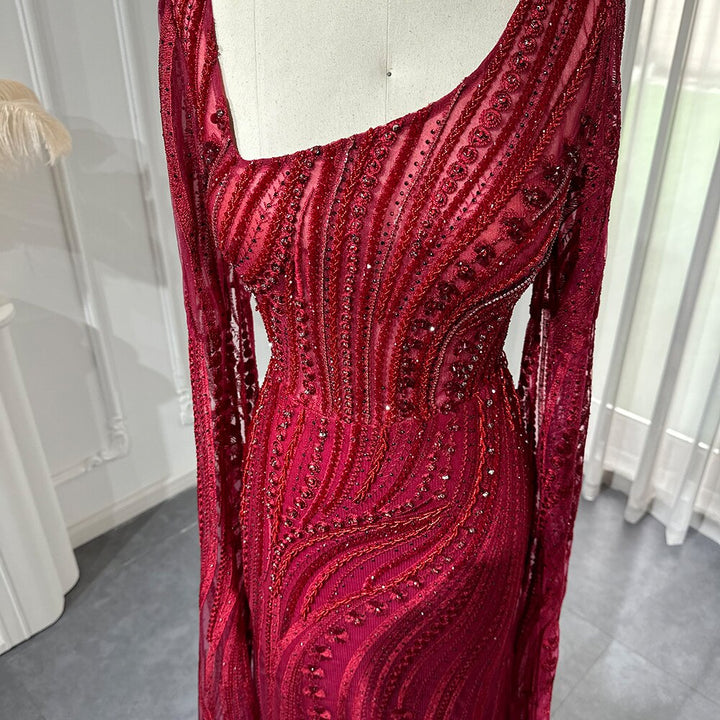 Dreamy Vow Elegant Burgundy Mermaid Evening Dresses with Long Sleeve Luxury Dubai Crystal Women Wedding Formal Party Gown 146