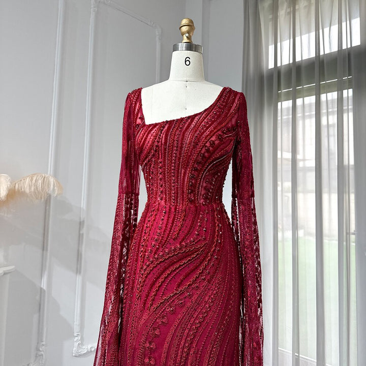 Dreamy Vow Elegant Burgundy Mermaid Evening Dresses with Long Sleeve Luxury Dubai Crystal Women Wedding Formal Party Gown 146