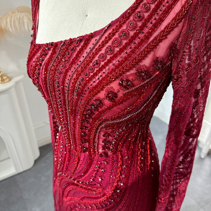 Dreamy Vow Elegant Burgundy Mermaid Evening Dresses with Long Sleeve Luxury Dubai Crystal Women Wedding Formal Party Gown 146