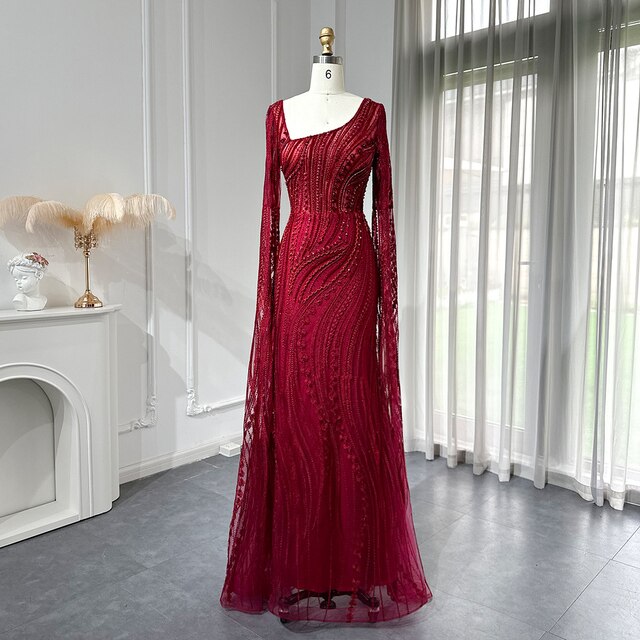 Dreamy Vow Elegant Burgundy Mermaid Evening Dresses with Long Sleeve Luxury Dubai Crystal Women Wedding Formal Party Gown 146