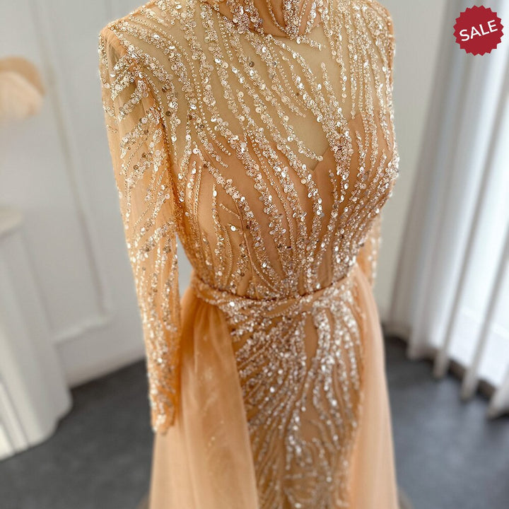 Dreamy Vow Elegant Gold Mermaid Arabic Evening Dress with Overskirt Long Sleeves Luxury Muslim Wedding Formal Party Gown 271