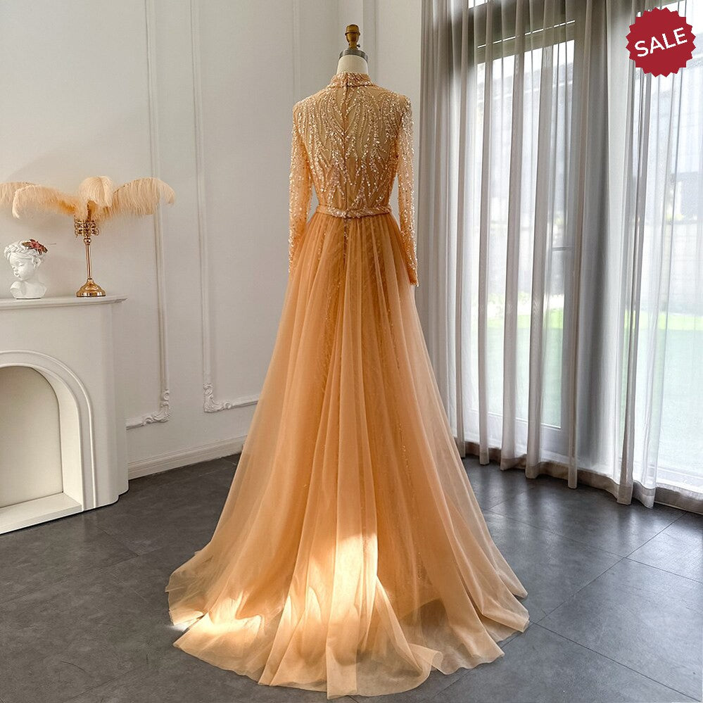 Dreamy Vow Elegant Gold Mermaid Arabic Evening Dress with Overskirt Long Sleeves Luxury Muslim Wedding Formal Party Gown 271