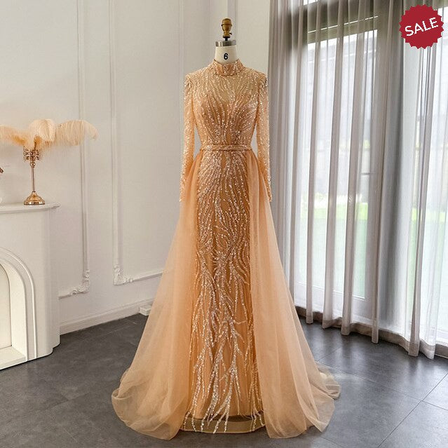 Dreamy Vow Elegant Gold Mermaid Arabic Evening Dress with Overskirt Long Sleeves Luxury Muslim Wedding Formal Party Gown 271