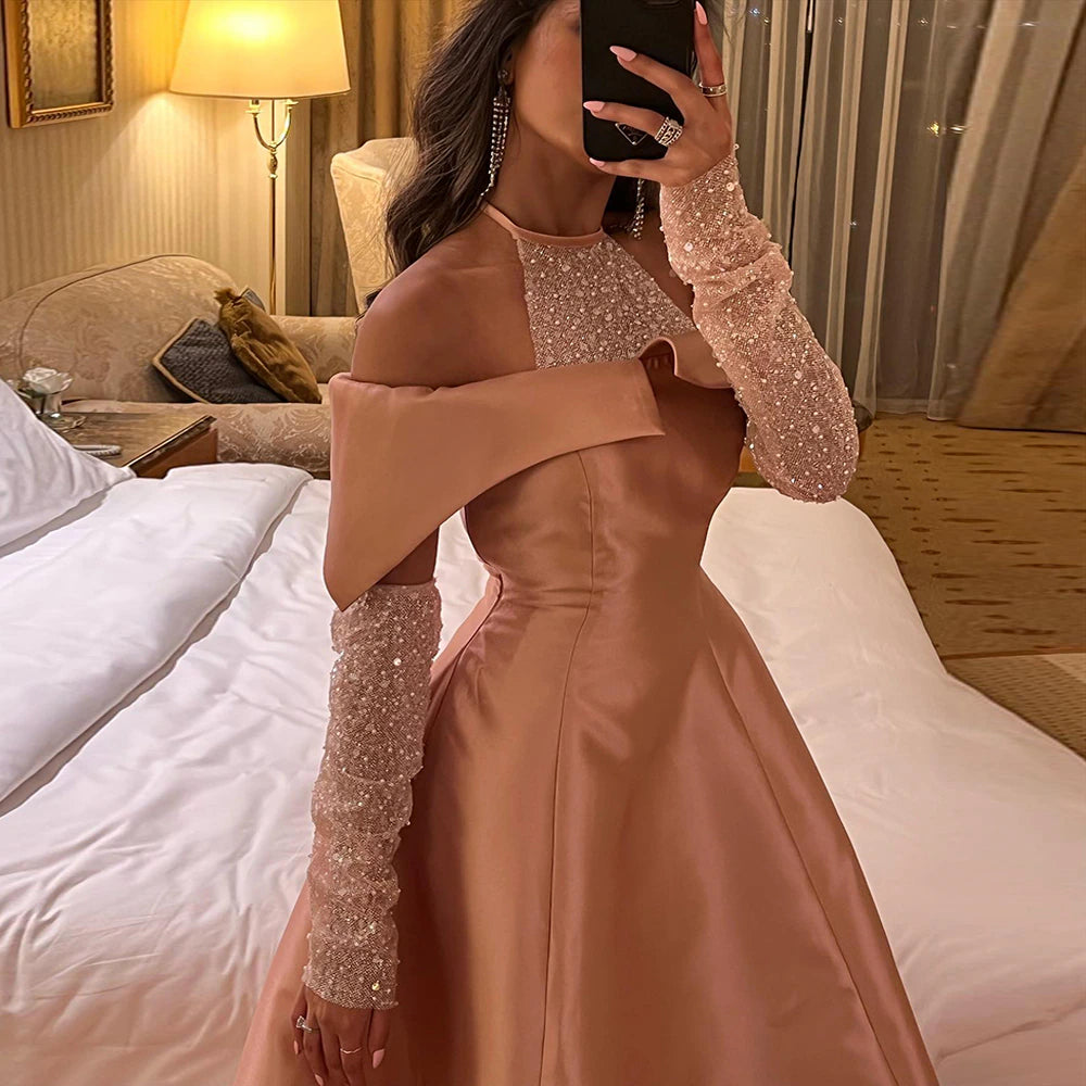 Dreamy Vow Elegant Khaki Satin High Low Dubai Evening Dress for Wedding Party Halter Arabic Women Midi Formal Guest Gowns SF058-DreamyVow