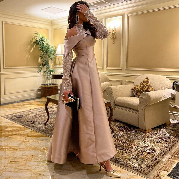 Dreamy Vow Elegant Khaki Satin High Low Dubai Evening Dress for Wedding Party Halter Arabic Women Midi Formal Guest Gowns SF058-DreamyVow