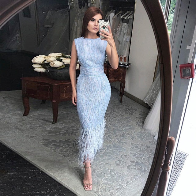 Dreamy Vow Elegant Light Blue Lace Midi Evening Dress with Feathers Beading Women Black Formal Dresses for Wedding Party 499