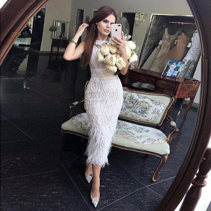 Dreamy Vow Elegant Light Blue Lace Midi Evening Dress with Feathers Beading Women Black Formal Dresses for Wedding Party 499