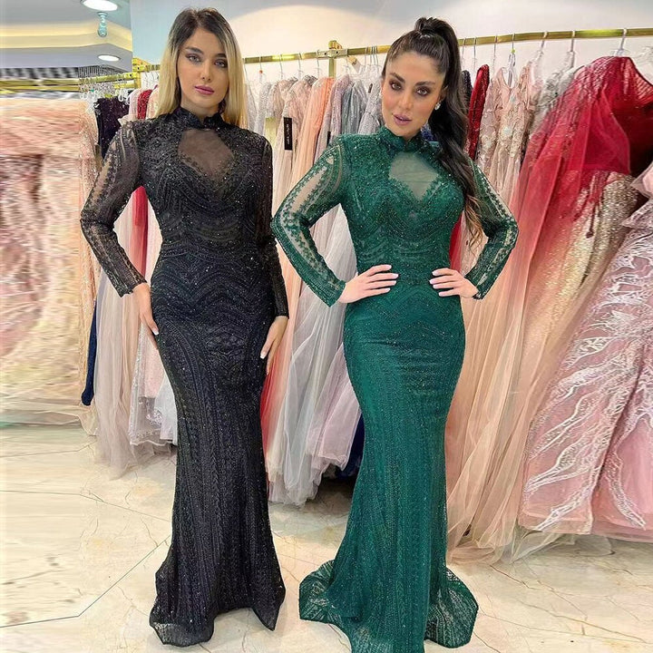 Dreamy Vow Elegant Mermaid Emerald Green Evening Dresses for Wedding Luxuy Muslim Gray Black Plus Size Women Formal Gowns 078