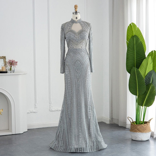 Dreamy Vow Elegant Mermaid Emerald Green Evening Dresses for Wedding Luxuy Muslim Gray Black Plus Size Women Formal Gowns 078