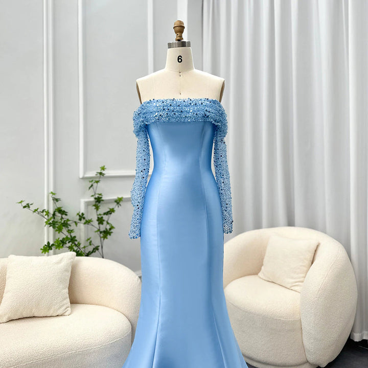 Dreamy Vow Elegant Off Shoulder Blue Arabic Evening Dress for Women Wedding Party Long Sleeves Dubai Formal Prom Gowns 079