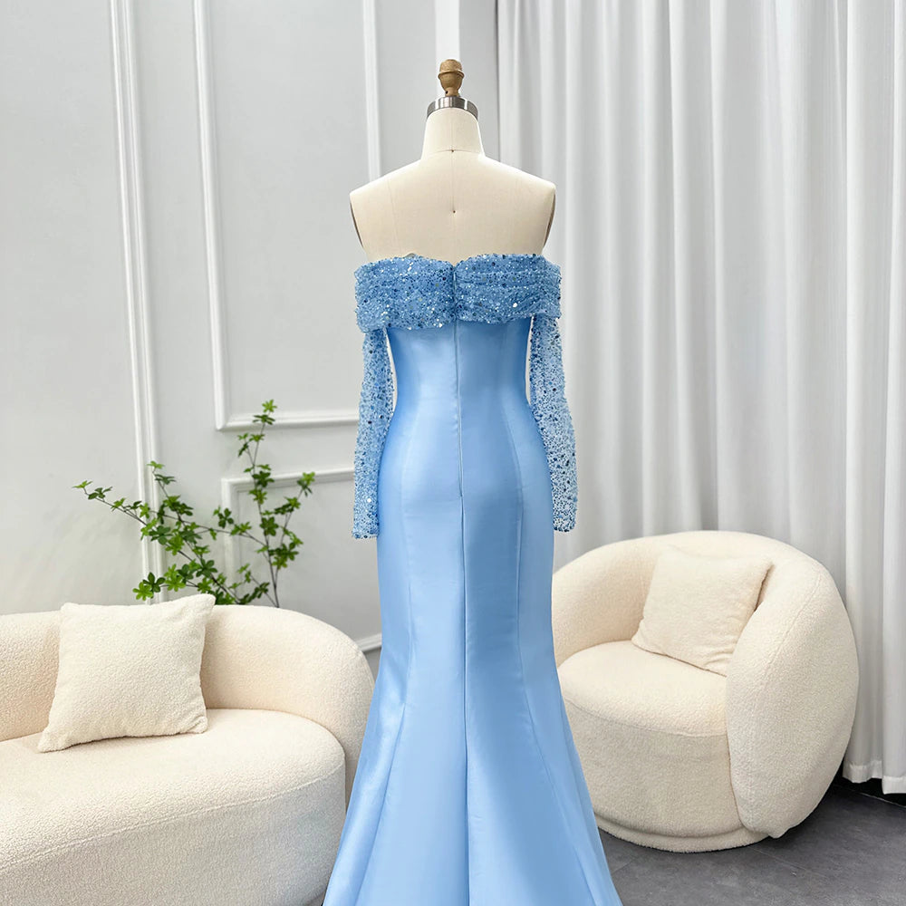 Dreamy Vow Elegant Off Shoulder Blue Arabic Evening Dress for Women Wedding Party Long Sleeves Dubai Formal Prom Gowns 079