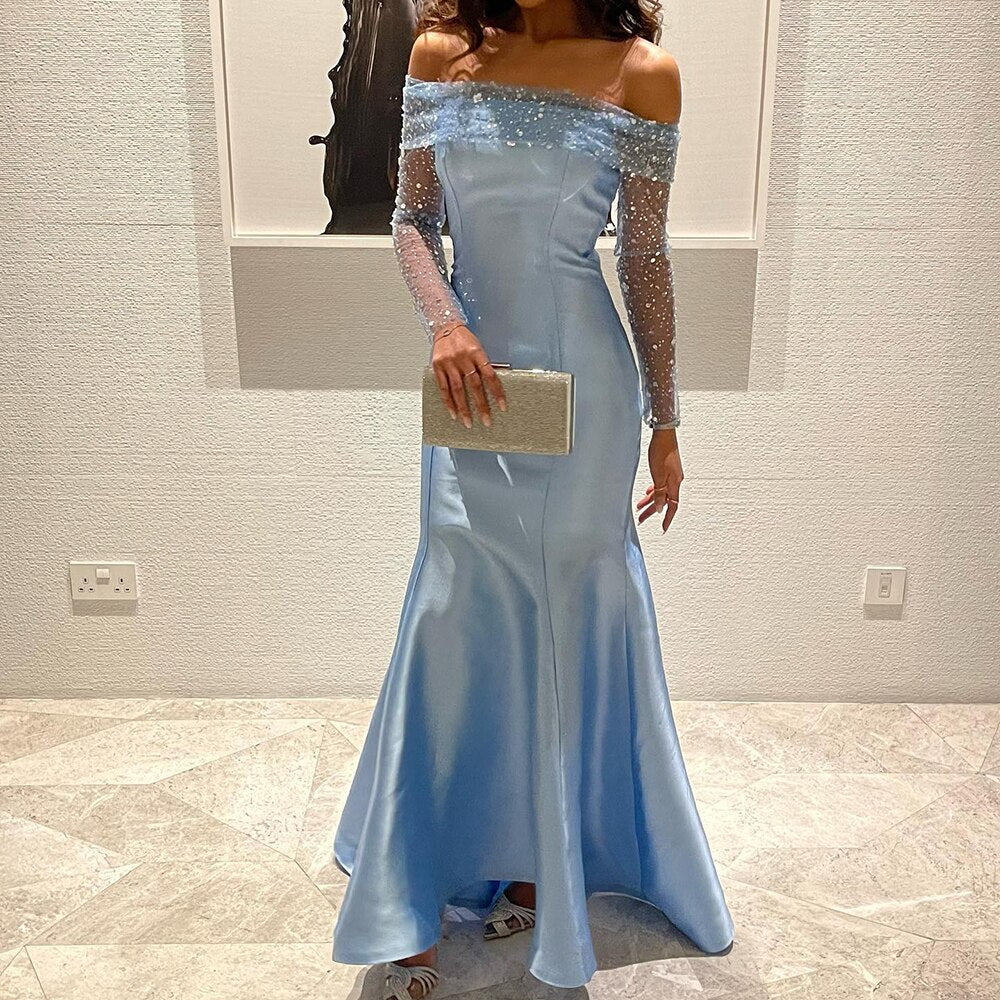 Dreamy Vow Elegant Off Shoulder Blue Arabic Evening Dress for Women Wedding Party Long Sleeves Dubai Formal Prom Gowns 079