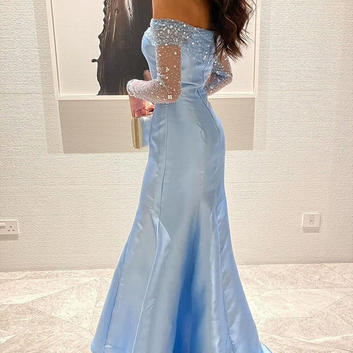 Dreamy Vow Elegant Off Shoulder Blue Arabic Evening Dress for Women Wedding Party Long Sleeves Dubai Formal Prom Gowns 079