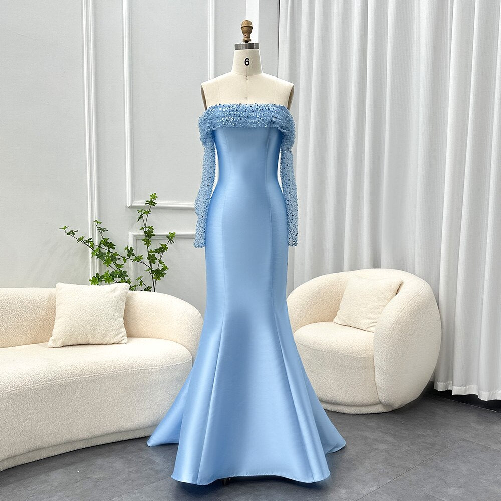 Dreamy Vow Elegant Off Shoulder Blue Arabic Evening Dress for Women Wedding Party Long Sleeves Dubai Formal Prom Gowns 079