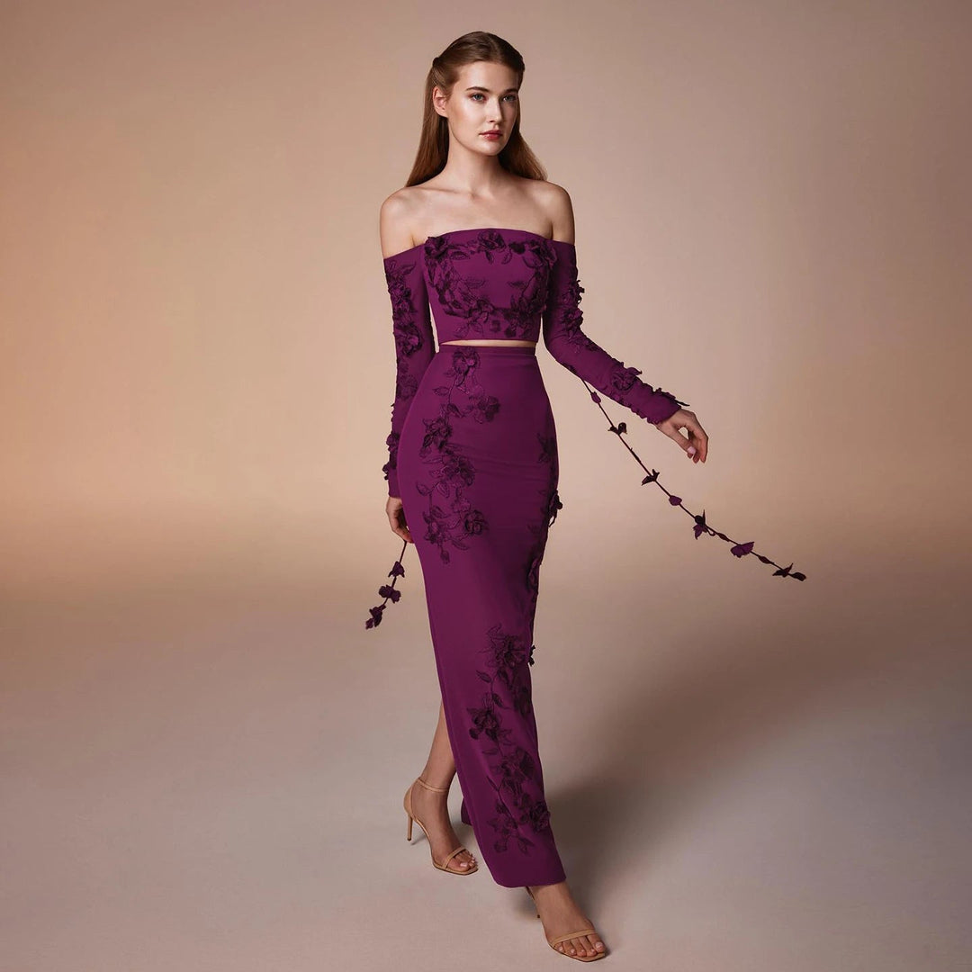 Dreamy Vow Elegant Off Shoulder Fuchsia 2 Pieces Evening Dress with Long Sleeves SS310 Purple 12