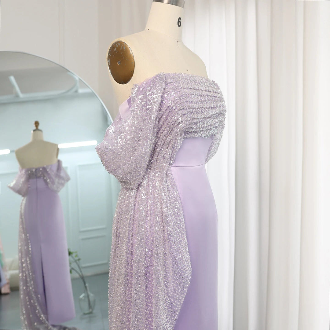 Dreamy Vow Elegant Off Shoulder Lilac Arabic Evening Dress with Overskirt Beaded Dubai Women Wedding Guest Party Gowns SS340-DreamyVow