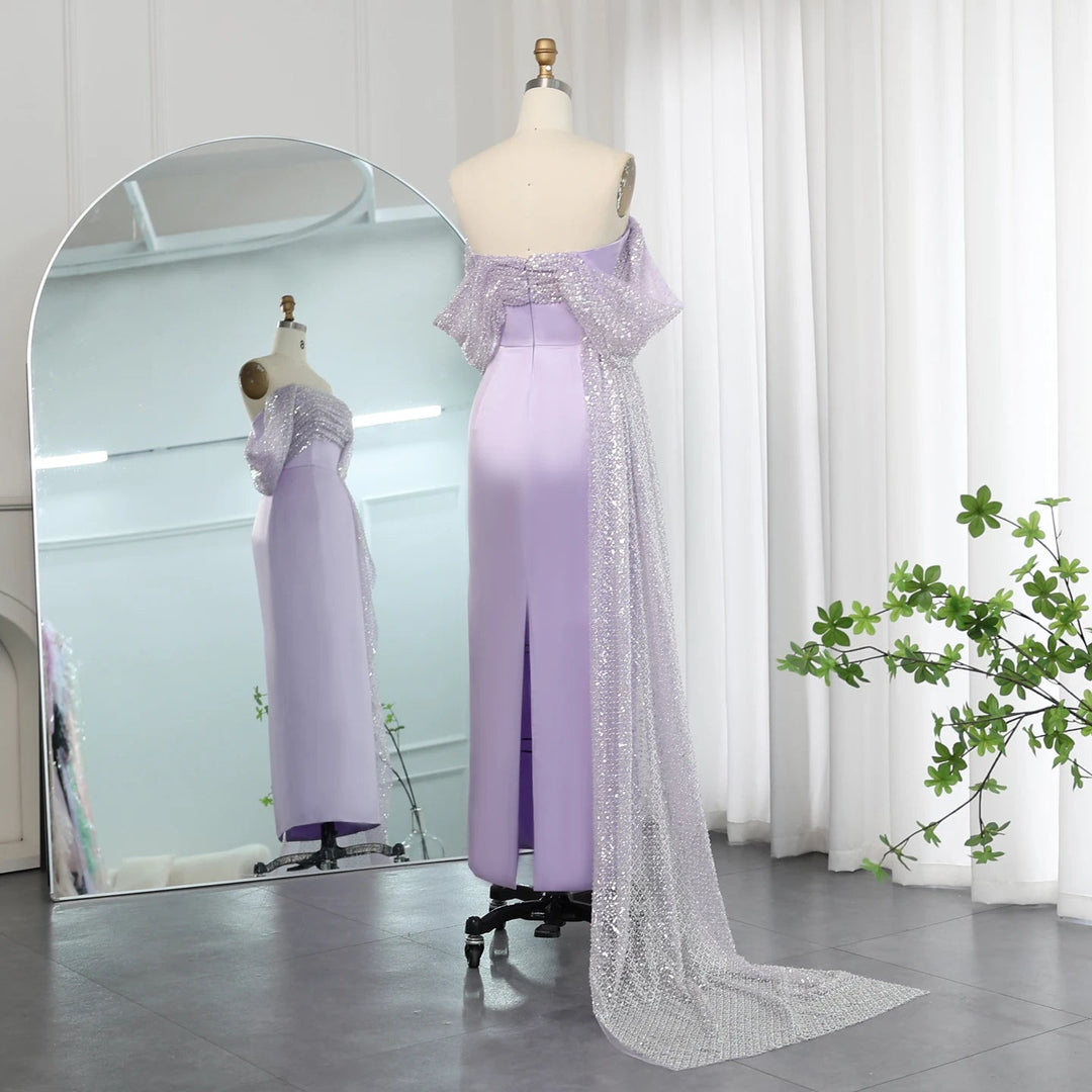 Dreamy Vow Elegant Off Shoulder Lilac Arabic Evening Dress with Overskirt Beaded Dubai Women Wedding Guest Party Gowns SS340-DreamyVow