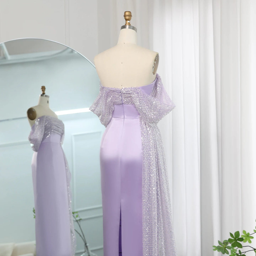 Dreamy Vow Elegant Off Shoulder Lilac Arabic Evening Dress with Overskirt Beaded Dubai Women Wedding Guest Party Gowns SS340-DreamyVow