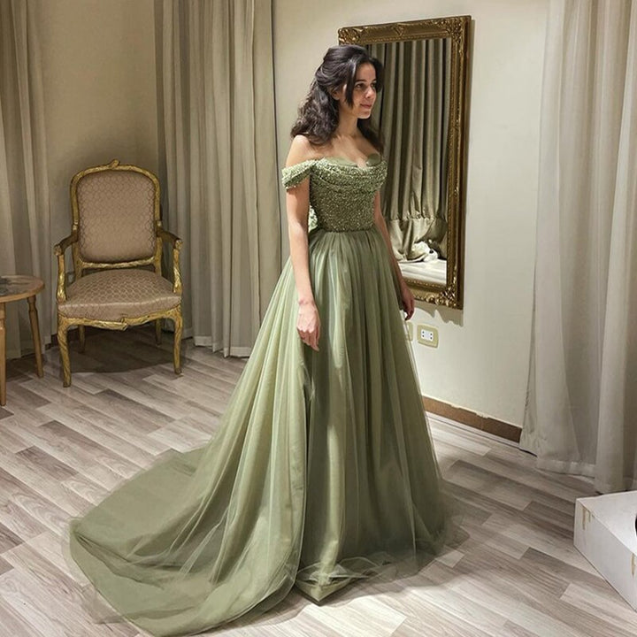 Dreamy Vow Elegant Off Shoulder Sage Evening Dresses for Women Wedding Guest Luxury Beaded Arabic Long Formal Party Gown SS314-DreamyVow