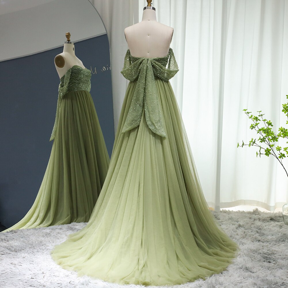 Dreamy Vow Elegant Off Shoulder Sage Evening Dresses for Women Wedding Guest Luxury Beaded Arabic Long Formal Party Gown SS314-DreamyVow