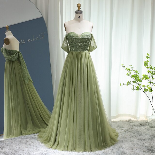 Dreamy Vow Elegant Off Shoulder Sage Evening Dresses for Women Wedding Guest Luxury Beaded Arabic Long Formal Party Gown SS314-DreamyVow