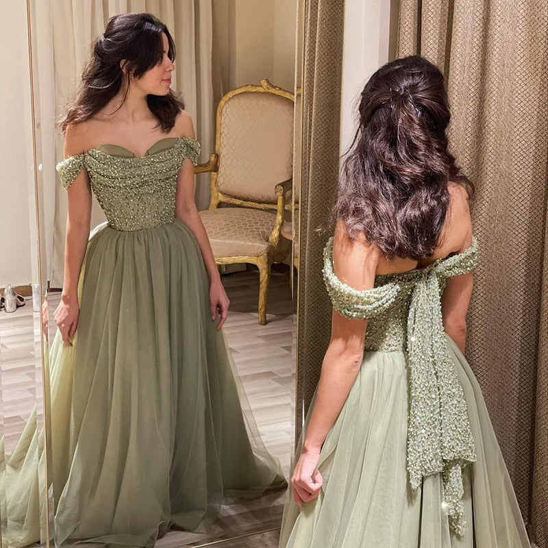 Dreamy Vow Elegant Off Shoulder Sage Evening Dresses for Women Wedding Guest Luxury Beaded Arabic Long Formal Party Gown SS314-DreamyVow