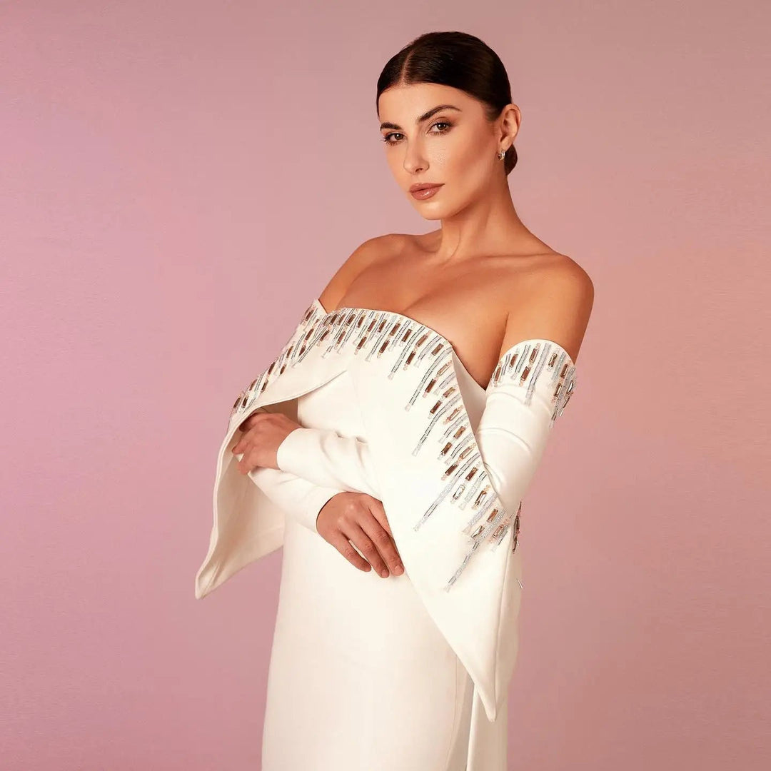 Dreamy Vow Elegant Off White Mermaid Dubai Evening Dress with Cape Long Sleeves Off Shoulder Arabic Wedding Party Gowns SF008-DreamyVow