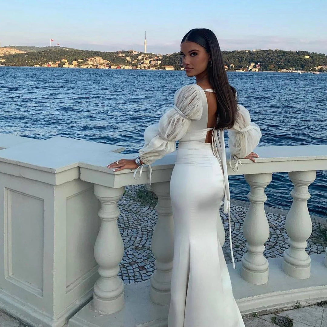 Dreamy Vow Elegant Off White Mermaid Evening Dress with Puff Sleeves Dubai Luxury Arabic Women Wedding Dresses Party Gows SF021-DreamyVow