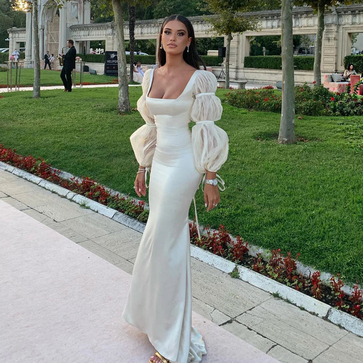 Dreamy Vow Elegant Off White Mermaid Evening Dress with Puff Sleeves Dubai Luxury Arabic Women Wedding Dresses Party Gows SF021-DreamyVow