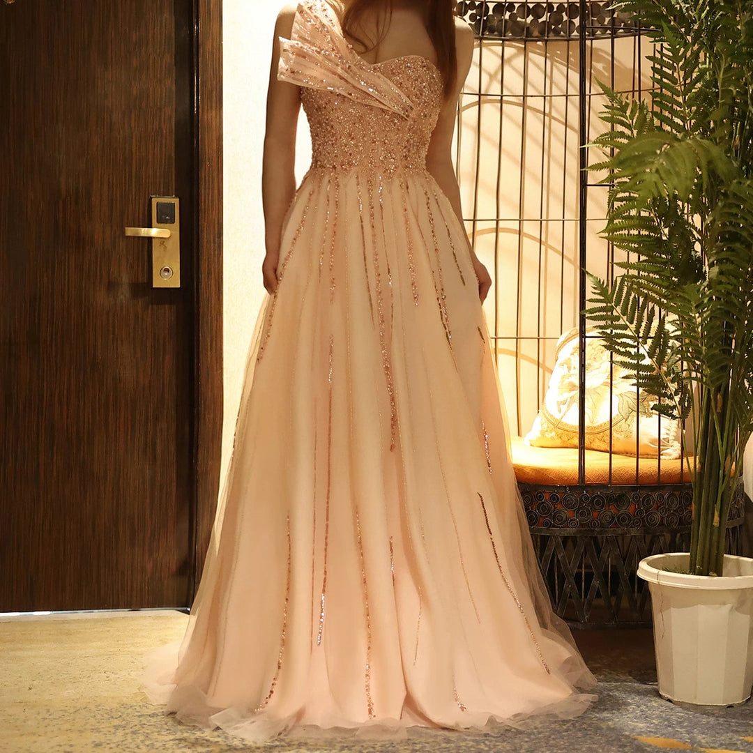 Dreamy Vow Elegant One Shoulder Blush Pink Evening Dress Luxury Beaded A-line Dubai Women Formal Party Gowns for Wedding SS417-DreamyVow