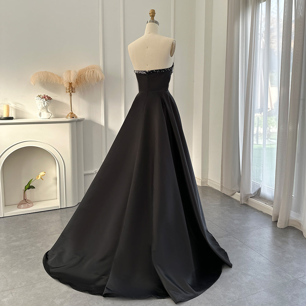 Dreamy Vow Elegant Orange Satin Arabic Evening Dress 2023 Luxury Dubai Crystal Side Slit Black Women Wedding Party Gowns SS364-DreamyVow