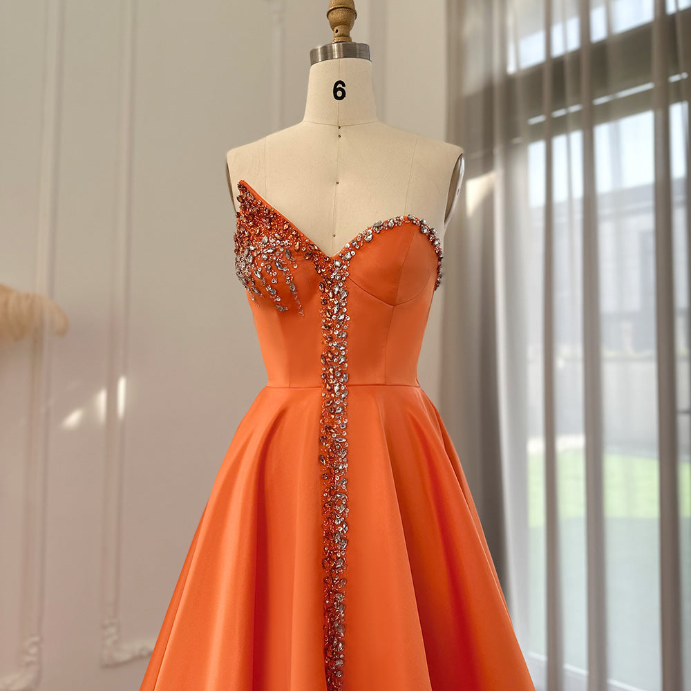 Dreamy Vow Elegant Orange Satin Arabic Evening Dress 2023 Luxury Dubai Crystal Side Slit Black Women Wedding Party Gowns SS364-DreamyVow