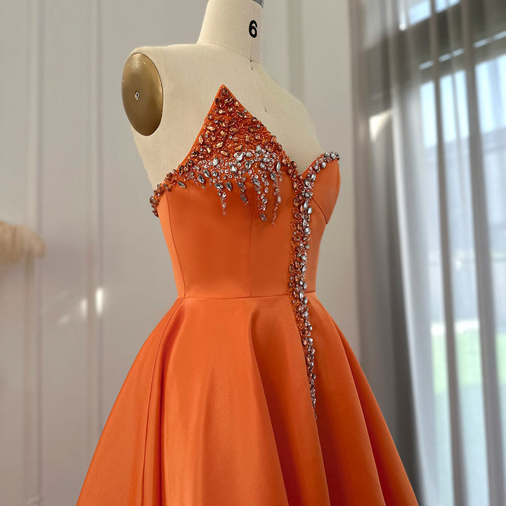 Dreamy Vow Elegant Orange Satin Arabic Evening Dress 2023 Luxury Dubai Crystal Side Slit Black Women Wedding Party Gowns SS364-DreamyVow