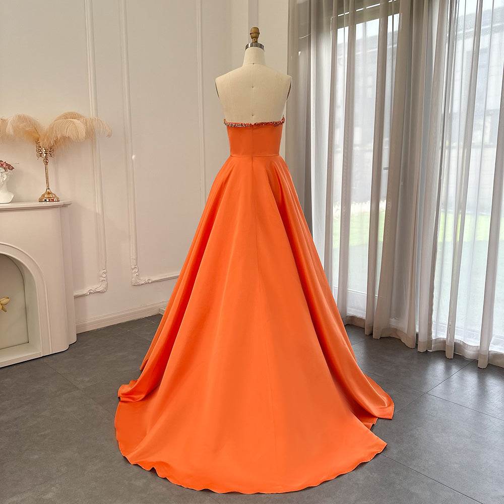 Dreamy Vow Elegant Orange Satin Arabic Evening Dress 2023 Luxury Dubai Crystal Side Slit Black Women Wedding Party Gowns SS364-DreamyVow