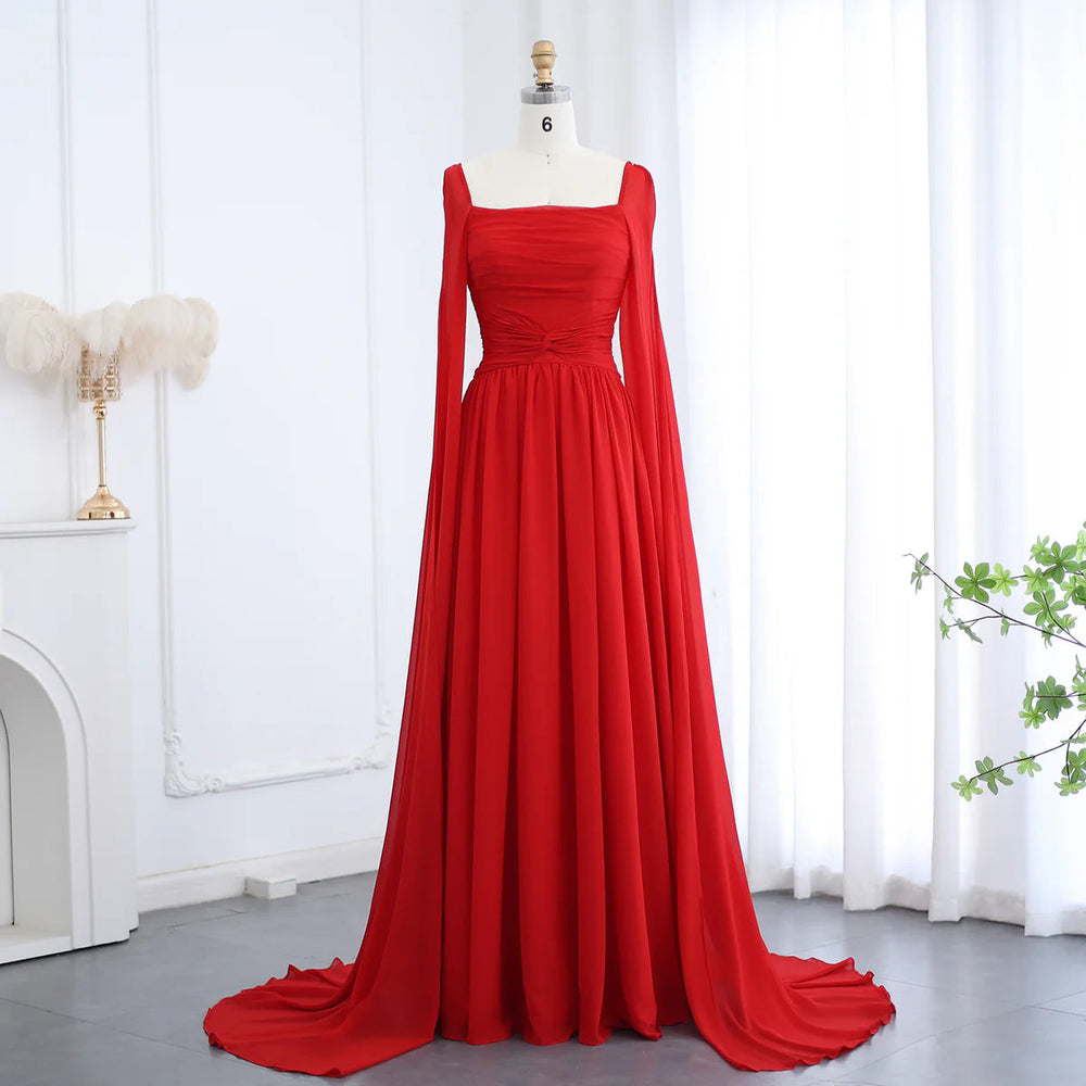 Dreamy Vow Elegant Red Chiffon Arabic Evening Dresses with Cape Sleeves Square Neckline Wedding Party Gowns SF032-DreamyVow