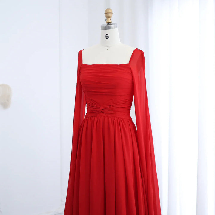 Dreamy Vow Elegant Red Chiffon Arabic Evening Dresses with Cape Sleeves Square Neckline Wedding Party Gowns SF032-DreamyVow