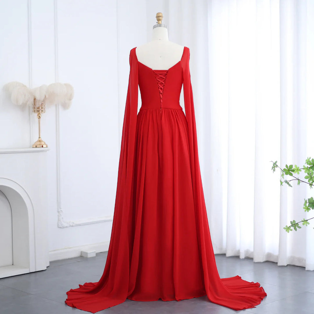 Dreamy Vow Elegant Red Chiffon Arabic Evening Dresses with Cape Sleeves Square Neckline Wedding Party Gowns SF032-DreamyVow