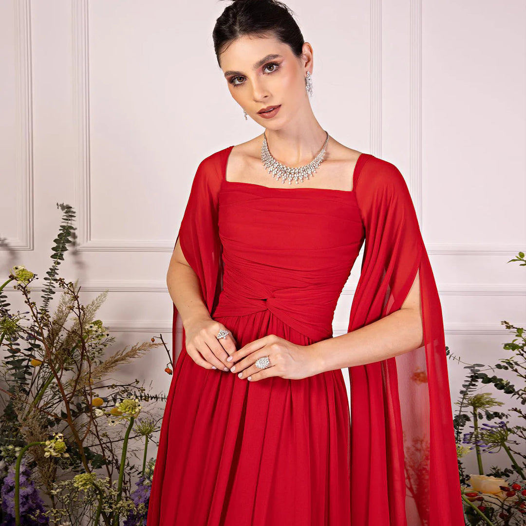 Dreamy Vow Elegant Red Chiffon Arabic Evening Dresses with Cape Sleeves Square Neckline Wedding Party Gowns SF032-DreamyVow